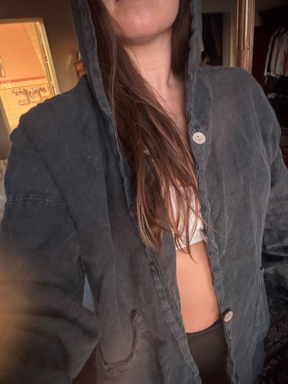 Linen Charcoal Hooded  Jacket - Women's